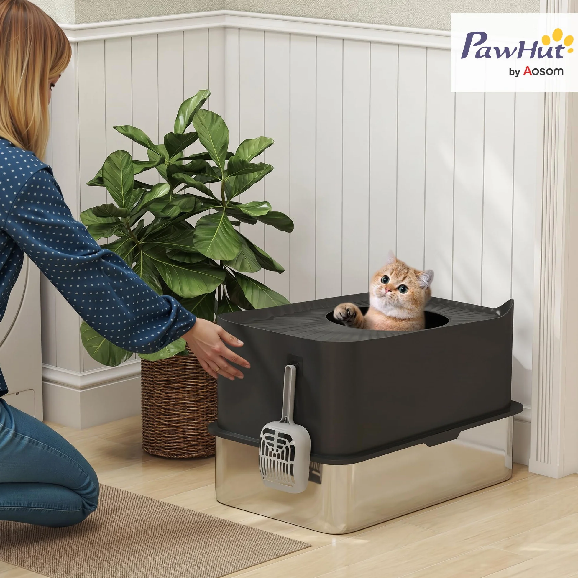 PawHut Bac à litière pour Chat XXL en Acier Inoxydable, 65L Grande capacité, Maison de Toilette pour Chat, avec Pelle et Patins antidérapants, Facile à Nettoyer, 60 x 40 x 38 cm, Noir