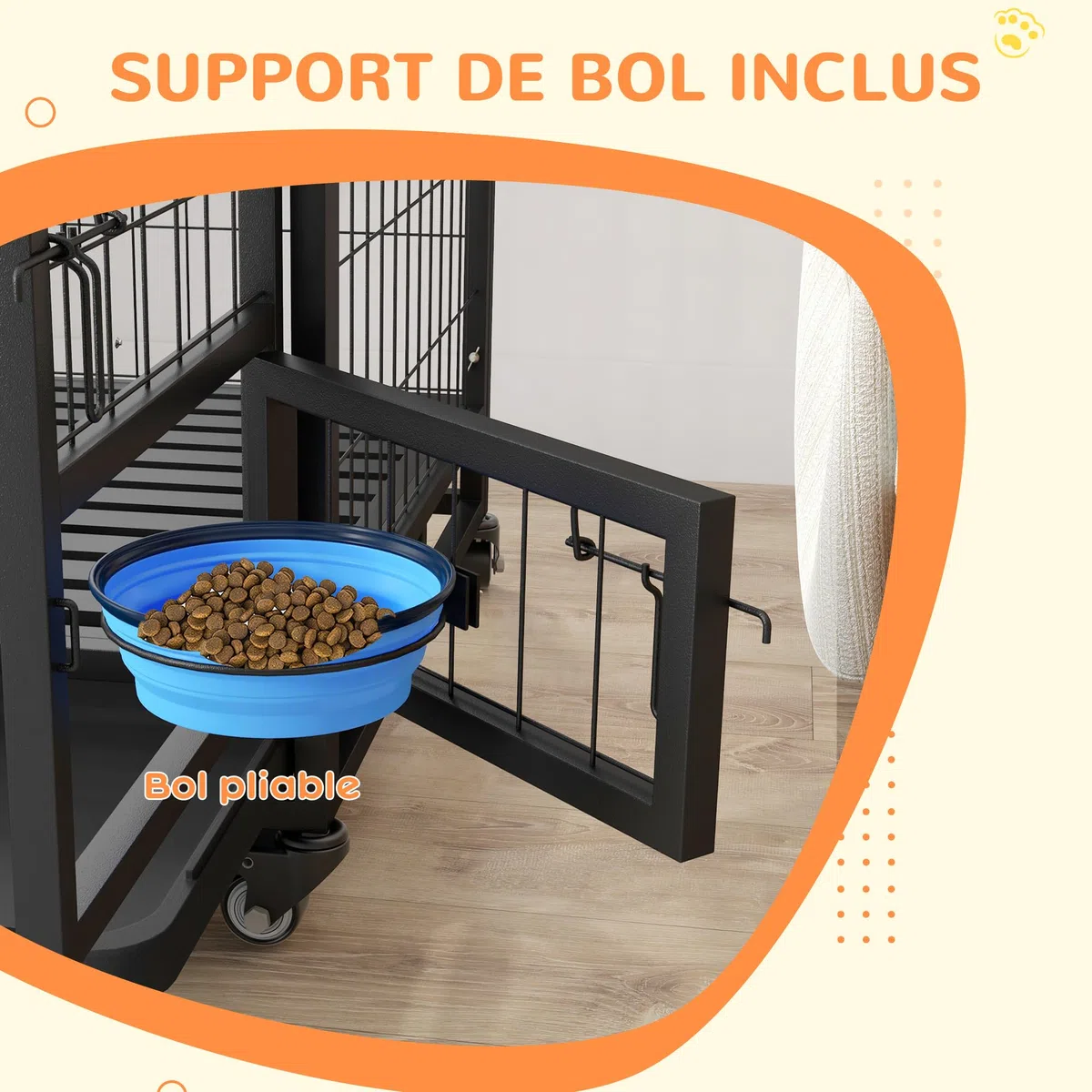 PawHut Cage pour Chien Animaux Cage de Transport sur roulettes avec 2 Portes verrouillables Support de gamelle Plateau Amovible en Acier dim. 92L x 62l x 73H cm Noir