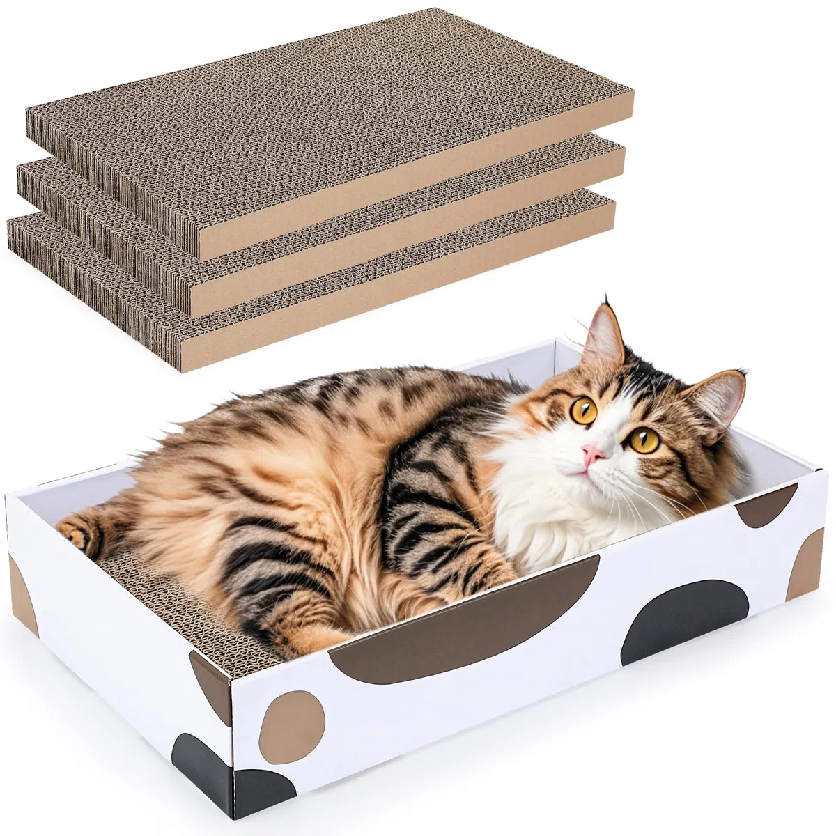PETTOM Griffoir pour Chat 3 Pièces, Solide Grattoir Carton de Haute Densité, Réversible Planche à Gratter pour Chat avec Boîte