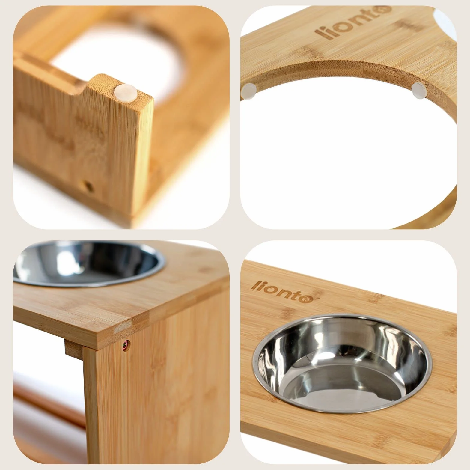 lionto Gamelle surélevée pour Chien en Bambou Robuste et Facile à Entretenir, 40x20x10 cm, Double écuelle pour Chiens et Chats, 2 Bols INOX Ø 11 cm, 350 ML chacun, antidérapante