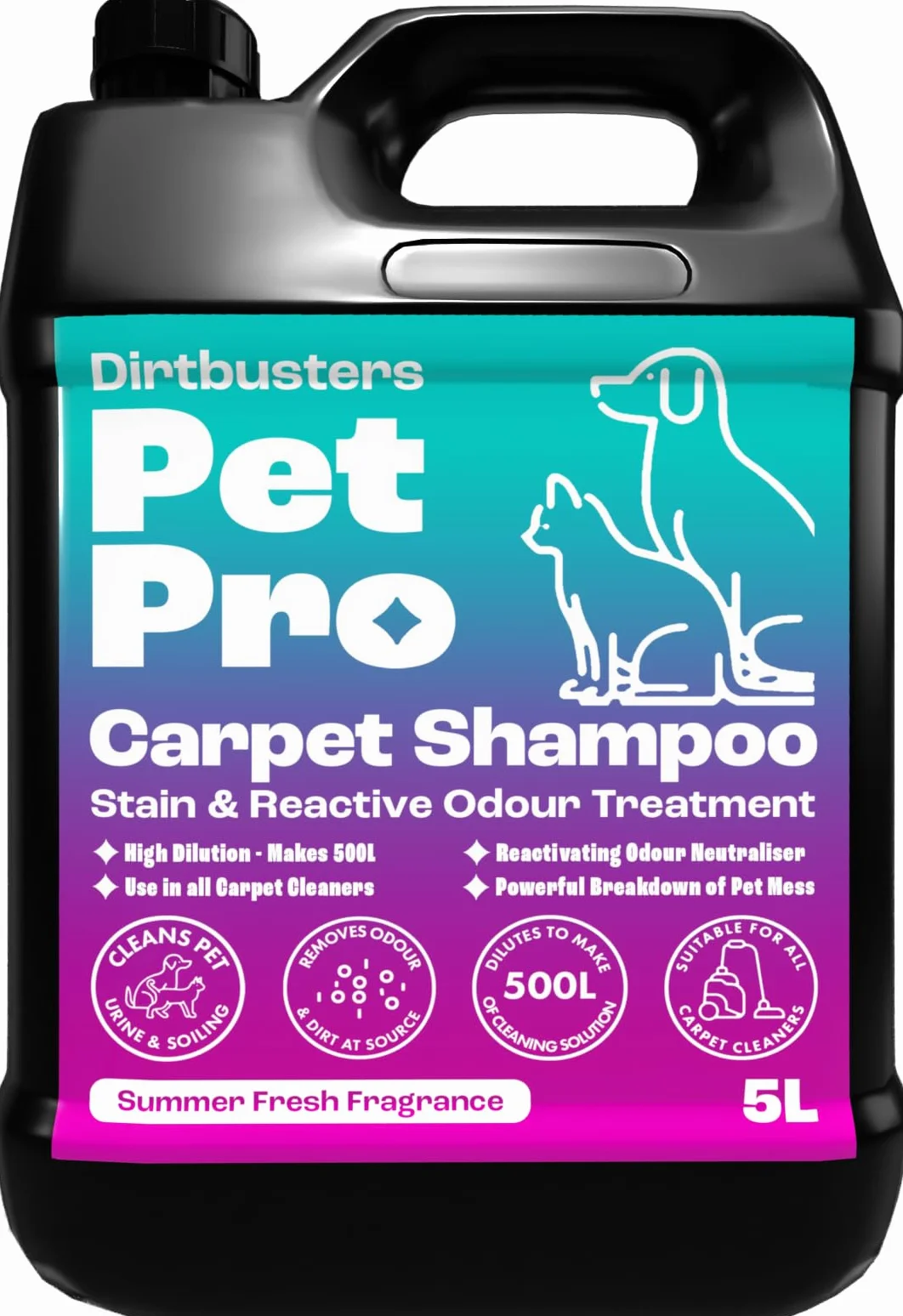 Dirtbusters Pet Pro Solution de shampooing nettoyant en profondeur avec neutraliseur d'odeurs pour enlever l'urine de chien et de chat, solution nettoyante pour tapis et machines à shampooing (5 l)