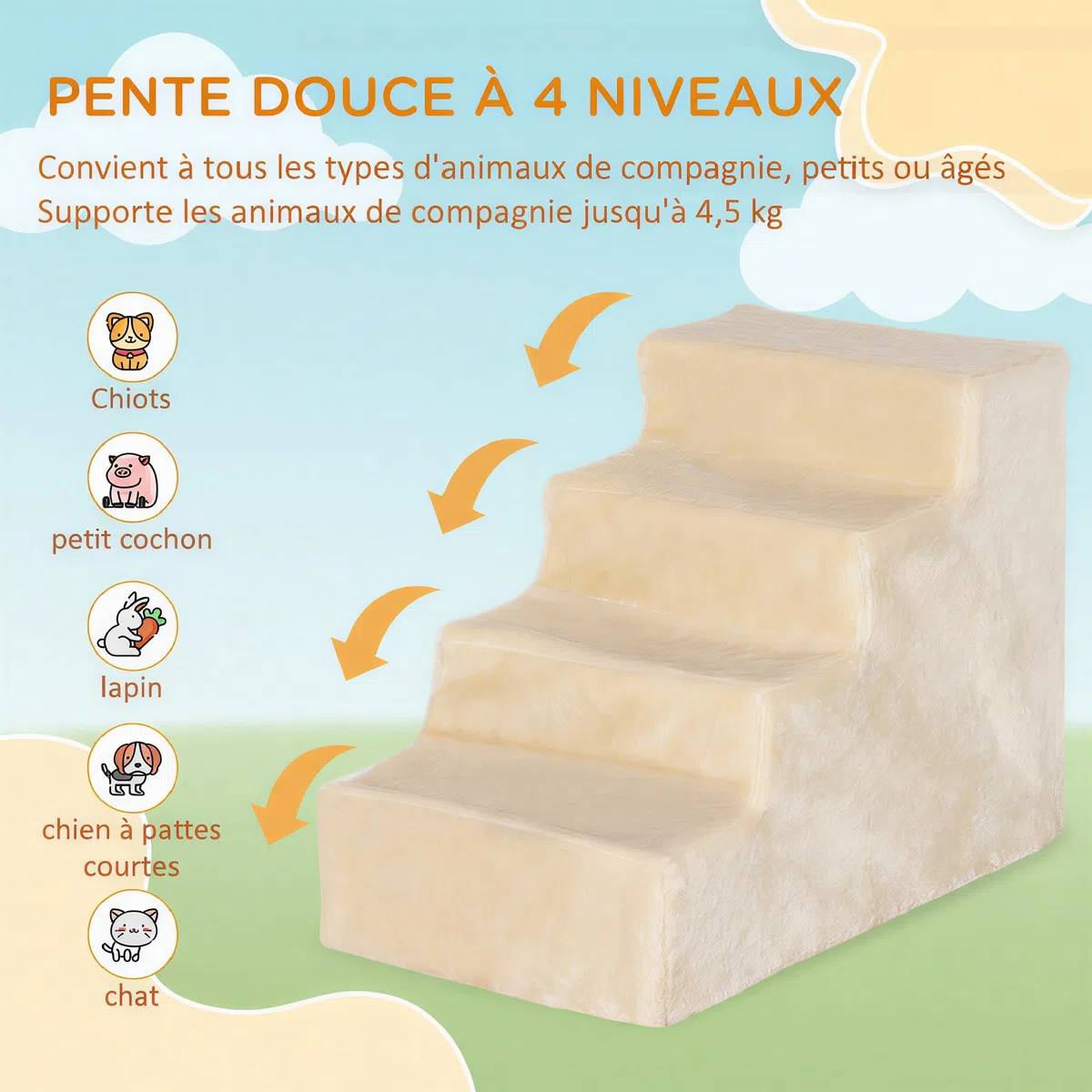 PawHut Escalier pour Chien à 4 Marches, Escalier pour Chat, Échelle Antidérapante pour Animaux de Compagnie, Housse Amovible et Lavable, 60 x 35 x 44 cm, Beige