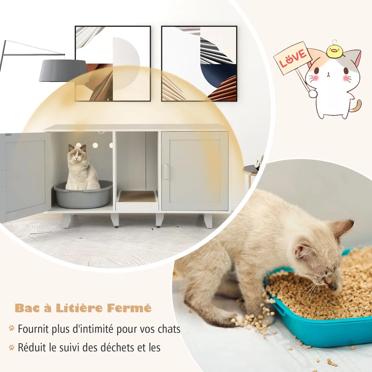 GOPLUS Meuble Litiere Chat 3 en 1, Maison de Toilette Chat en Bois 52x120x65CM, Cache Litiere avec 2 Porte, Pieds Réglables, Planche à Griffer Détachable, Trou de Ventilation, Table TV, Moderne