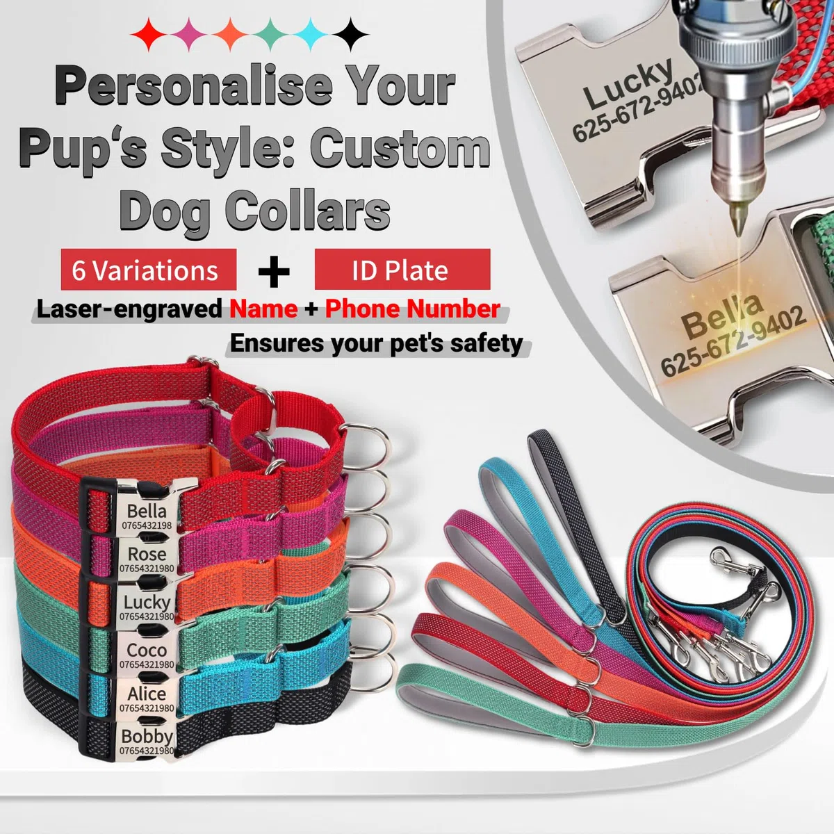 SEOUGEE Martingale Ensemble collier et laisse pour chien personnalisés en nylon réfléchissant anti-étranglement avec boucle gravée personnalisée - Dressage de la marche pour petits chiens (S bleu