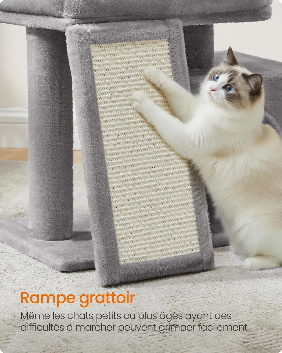 Feandrea Arbre à Chat, Tour de Jeu pour Chats, Condo avec Rampe à Griffer, Grande Plateforme Supérieure, Niche, Hauteur 44,6 cm, Gris Tourterelle PCT010GD01