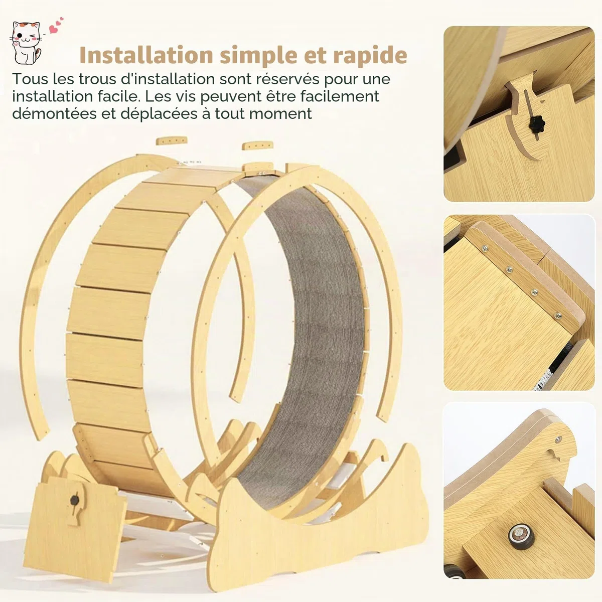 Roue d'exercice pour chat - Diamètre intérieur 120 cm - Jouet super silencieux - Pour chats de toutes tailles - Couleur bois - Taille XXL
