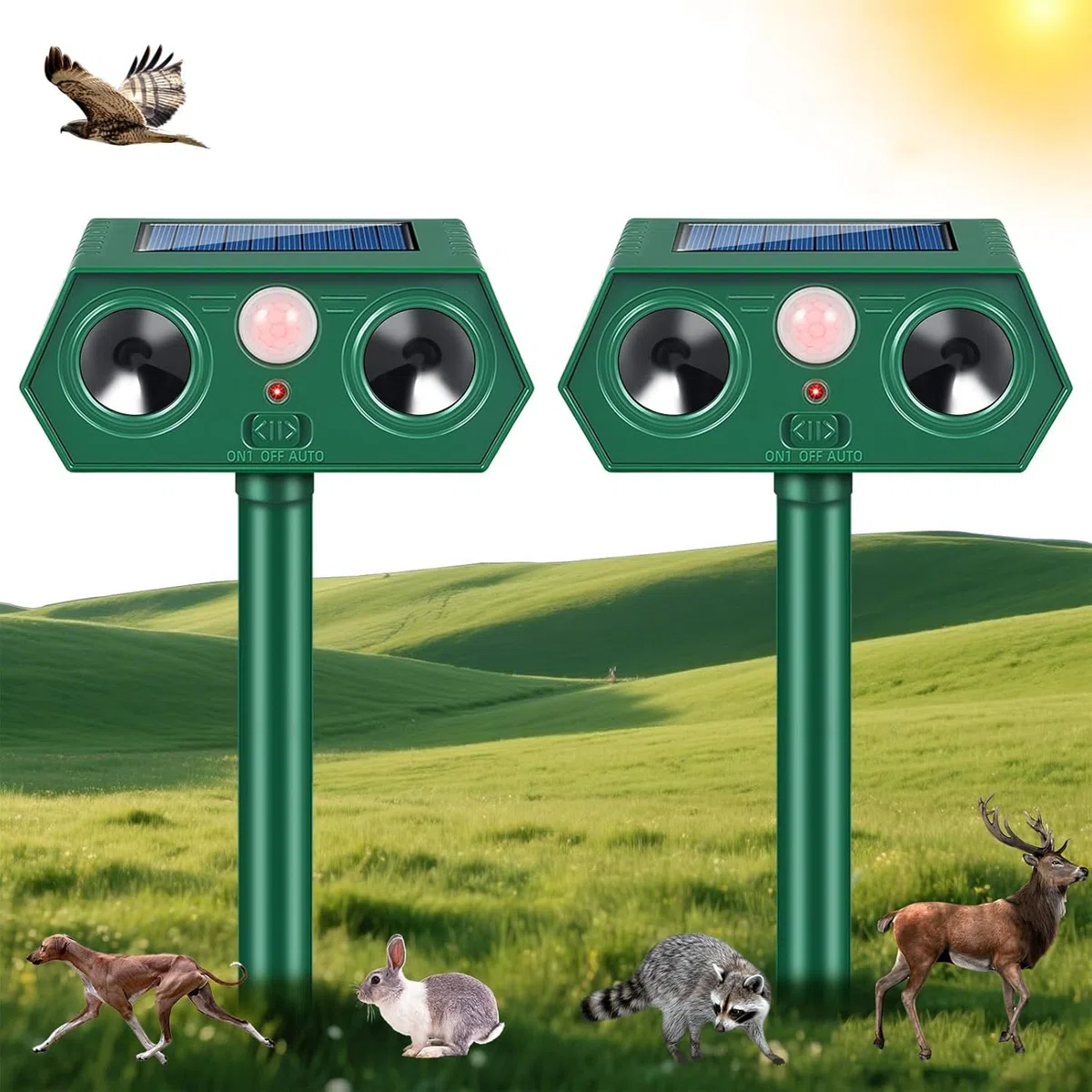 Lot de 2 répulsifs solaires pour chats de jardin - Répulsif solaire à ultrasons avec détection de mouvement - Étanche - Convient pour repousser les chats, les renards, les écureuils, les pigeons