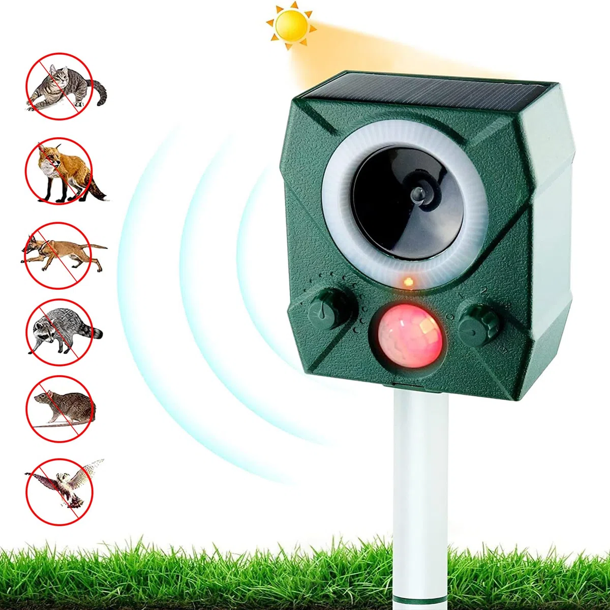 Répulsif Animaux Solaire, Repulsif Chat Exterieur, Ultrason Oiseau, Répulsif Souris, Ultrason Charge Solaire, Chargement USB, Jardin pour Cours, Fermes, Champs (Vert)