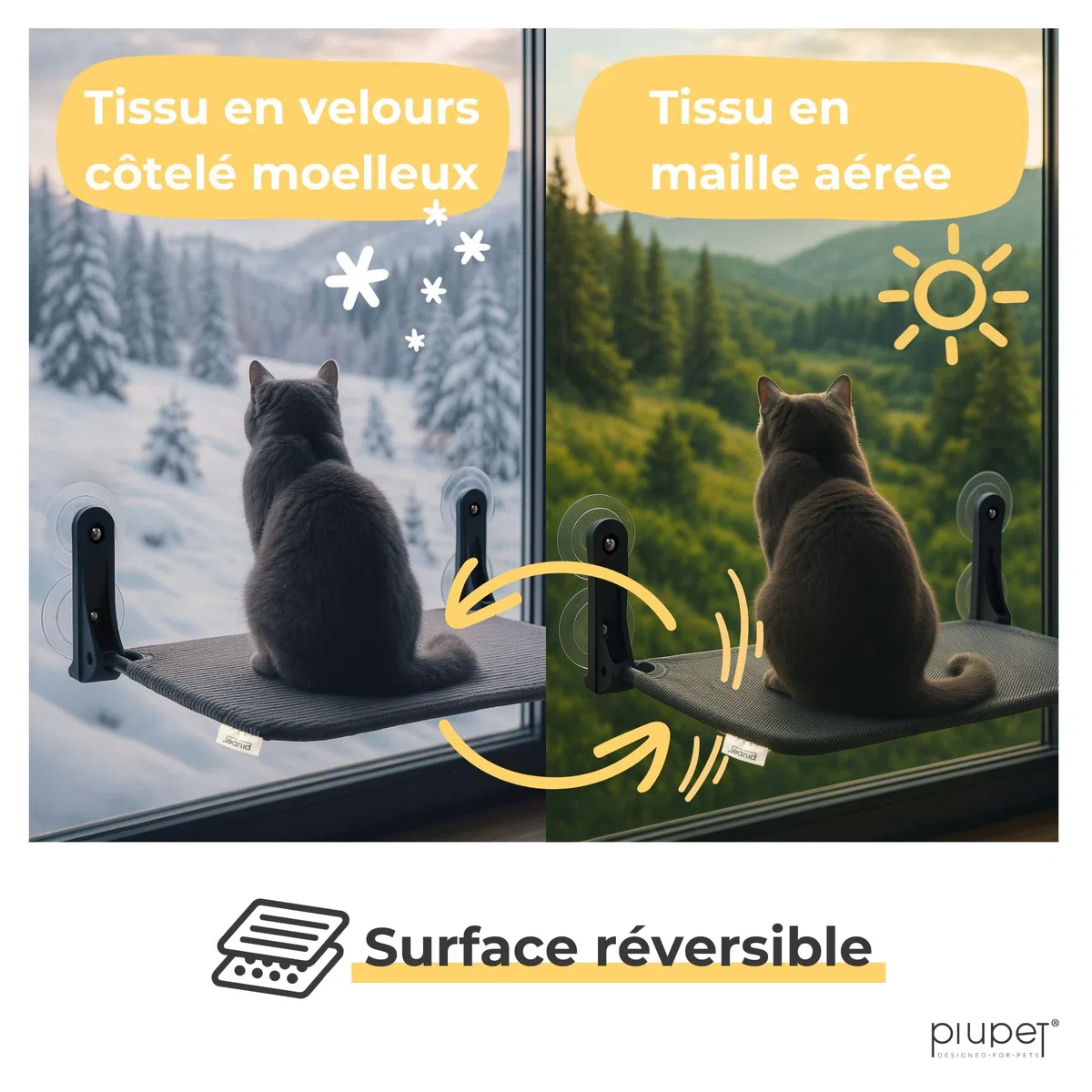 Chaise Longue Flottante pour Chats - Chaise Longue Pliable et Peu encombrante avec ventouses I Hamac réversible pour fenêtres en Gris et Vert I Lit pour Chats jusqu'à 20 kg | Hamac Chat Fenetre (Gris)