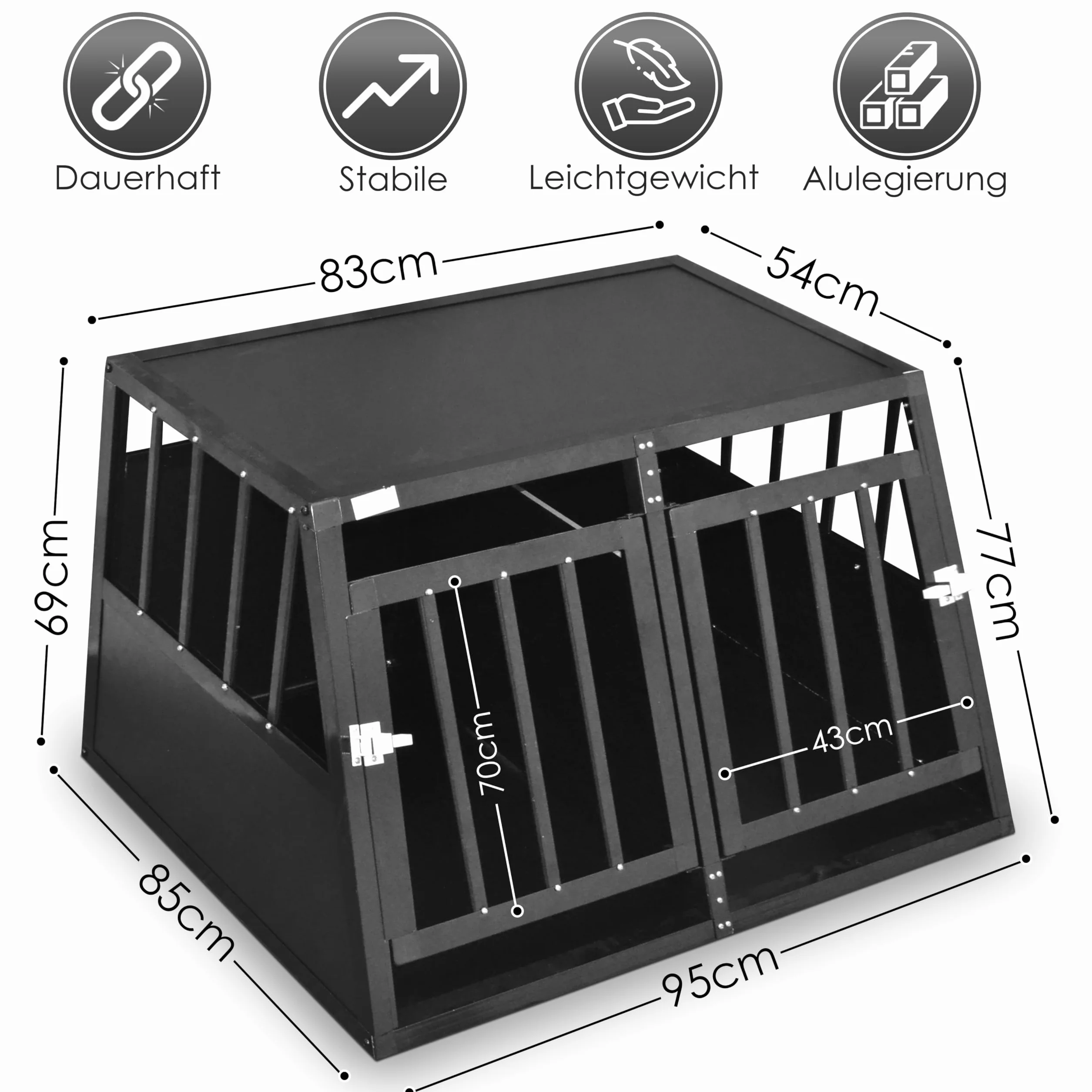 Defacto Cage de transport pour chien en aluminium - Cage de voyage pour voiture - Porte grillagée verrouillable - Caisse de transport pour animaux (noir, XXL) 95 x 85 x 69 cm