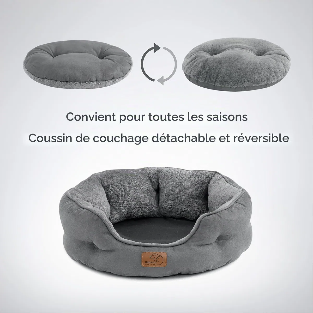 Bedsure Lit Lavable pour Chats - Canapé Antidérapant d'Intérieur, Rond Gris 51x48x15cm