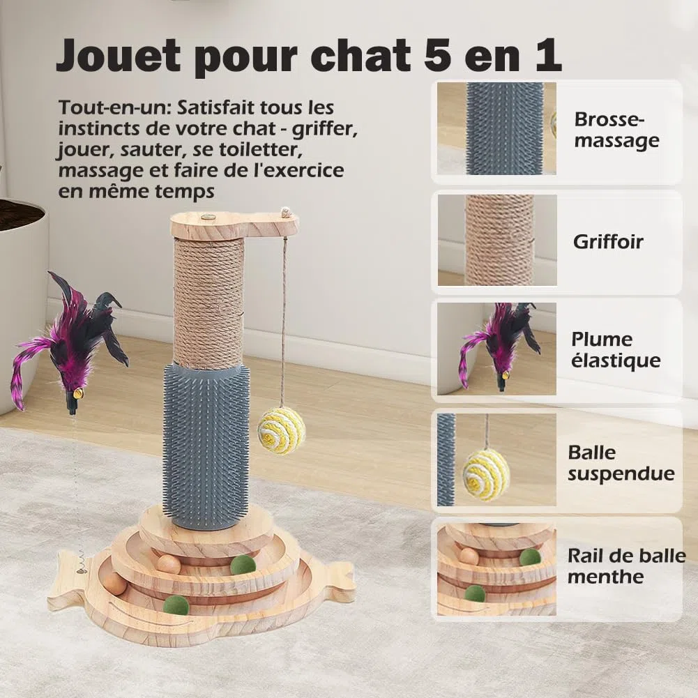 Marchul 5 en 1, Griffoir pour Chat avec Boule Suspendue, Jouet de Piste en Bois avec Plume à Ressort, Jouet d'intérieur interactif