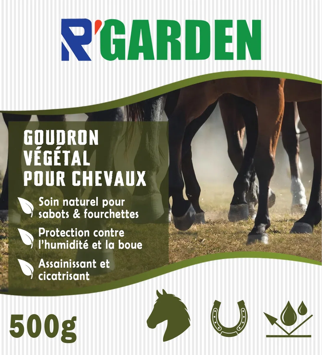R'GARDEN - Goudron Végétal pour Chevaux – Soin Naturel pour Sabots & Fourchettes – Assainissant et Cicatrisant – Protection Contre l’Humidité et la Boue – Entretien Sabots – 500g