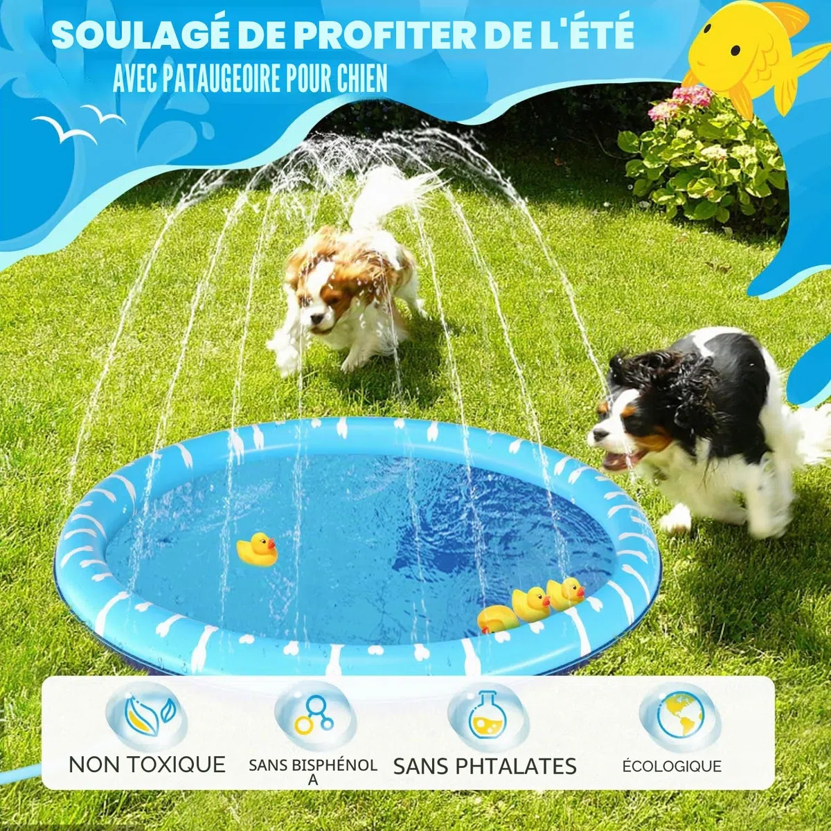 Nobleza Piscine pour Chiens, D100cm/39in, 0.55cm Épaississant Tapis de Jeu d'eau pour Chiens avec Éclaboussures et Antidérapant, Jouet de Jardin Portable Durable