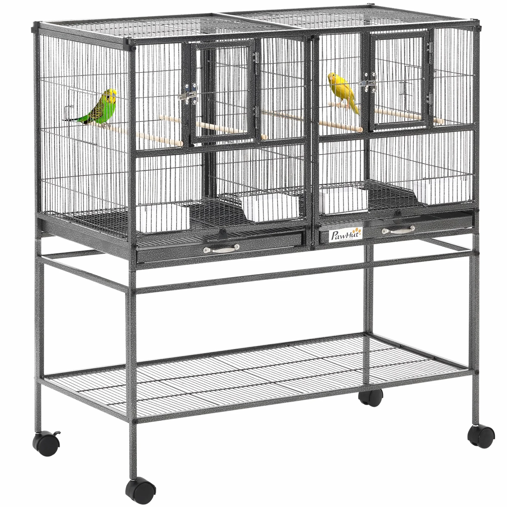 PawHut Cage à Oiseaux avec séparation mangeoire et perchoir 95L x 45,5l x 102H cm Noir et Gris