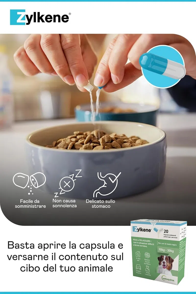 Zylkene Complément Alimentaire | Chiens de Taille Moyenne (10-30 kg) 225 MG | Favorise la Relaxation dans Les Situations d'inconfort à Court Terme : bruits forts, visites vétérinaires | 20 gélules