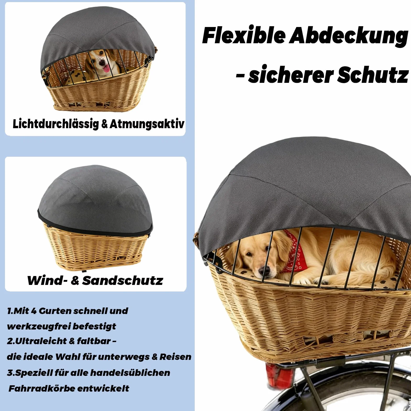 Voile d'ombrage pour panier de vélo pour chien et panier de vélo - Grand filet de protection réglable pour chien - Respirant, résistant au vent et à la poussière, sûr et stable - Pour presque tous les