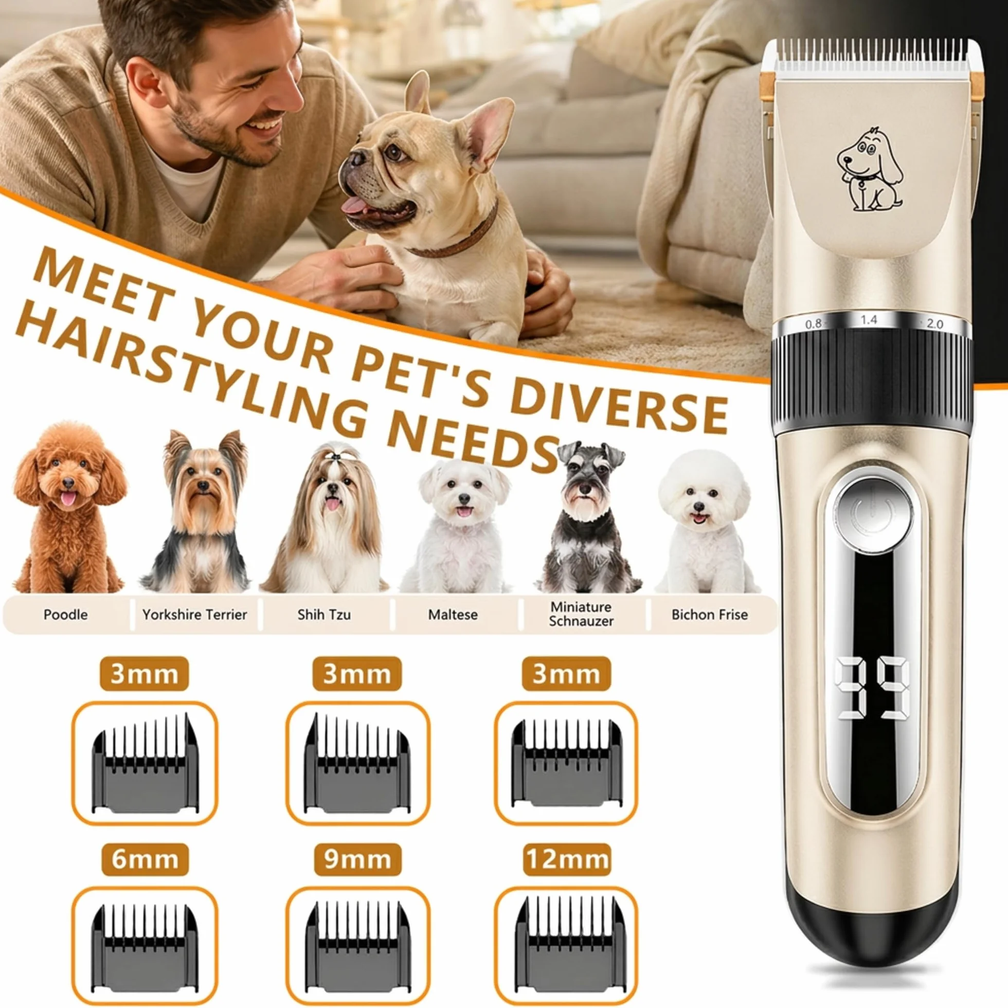 Tondeuse pour Chien IPX7 Tondeuse Chien Professionnelle à 2 Vitesses Écran LED avec Ciseaux Coupe-Griffes Peigne et 6 Accessoires de Sabots Tondeuse de Toilettage pour Chien Chat et Animaux