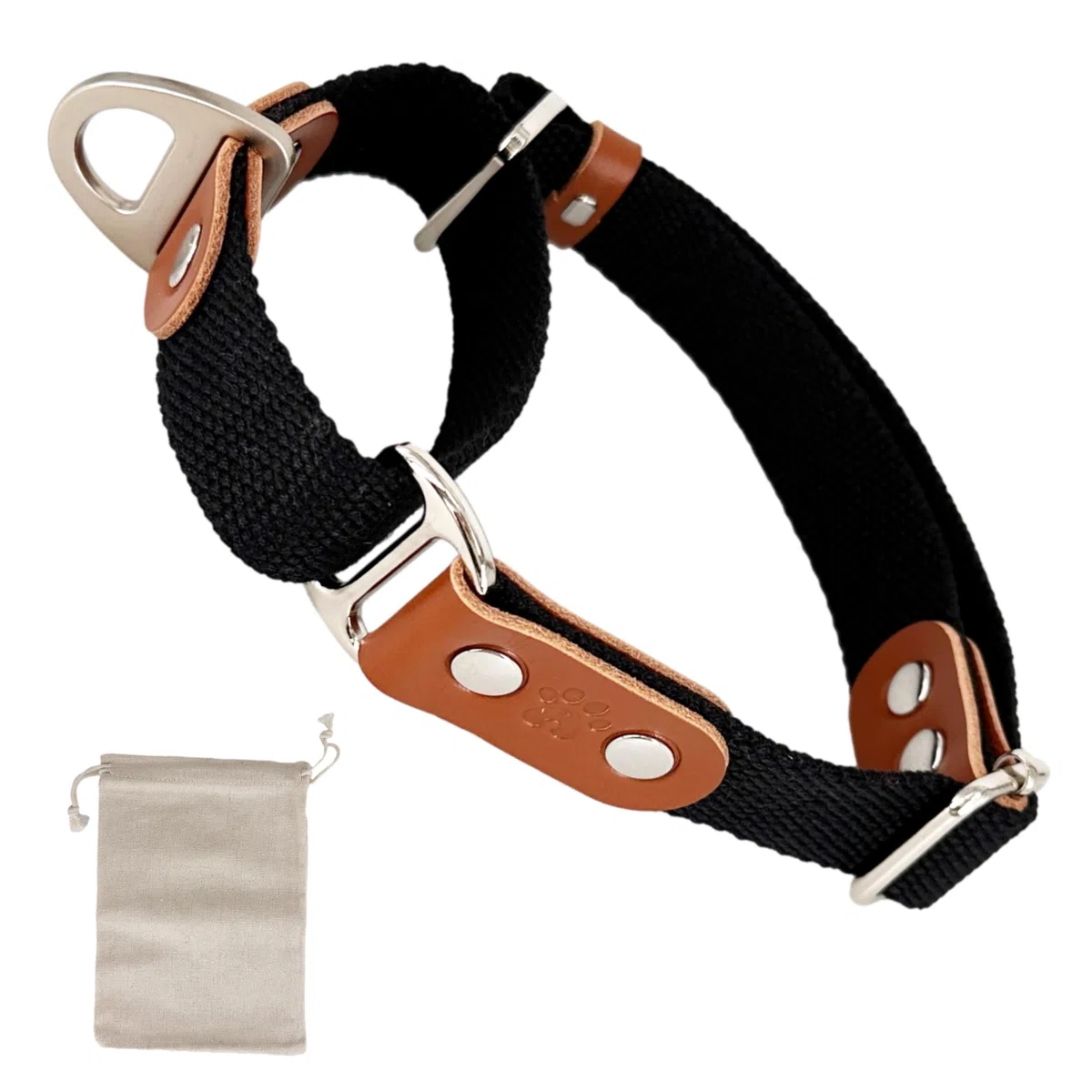 Collier pour Chien Martingale, Anti-Traction, en Poly-Coton et Cuir. M. Noir & Cognac