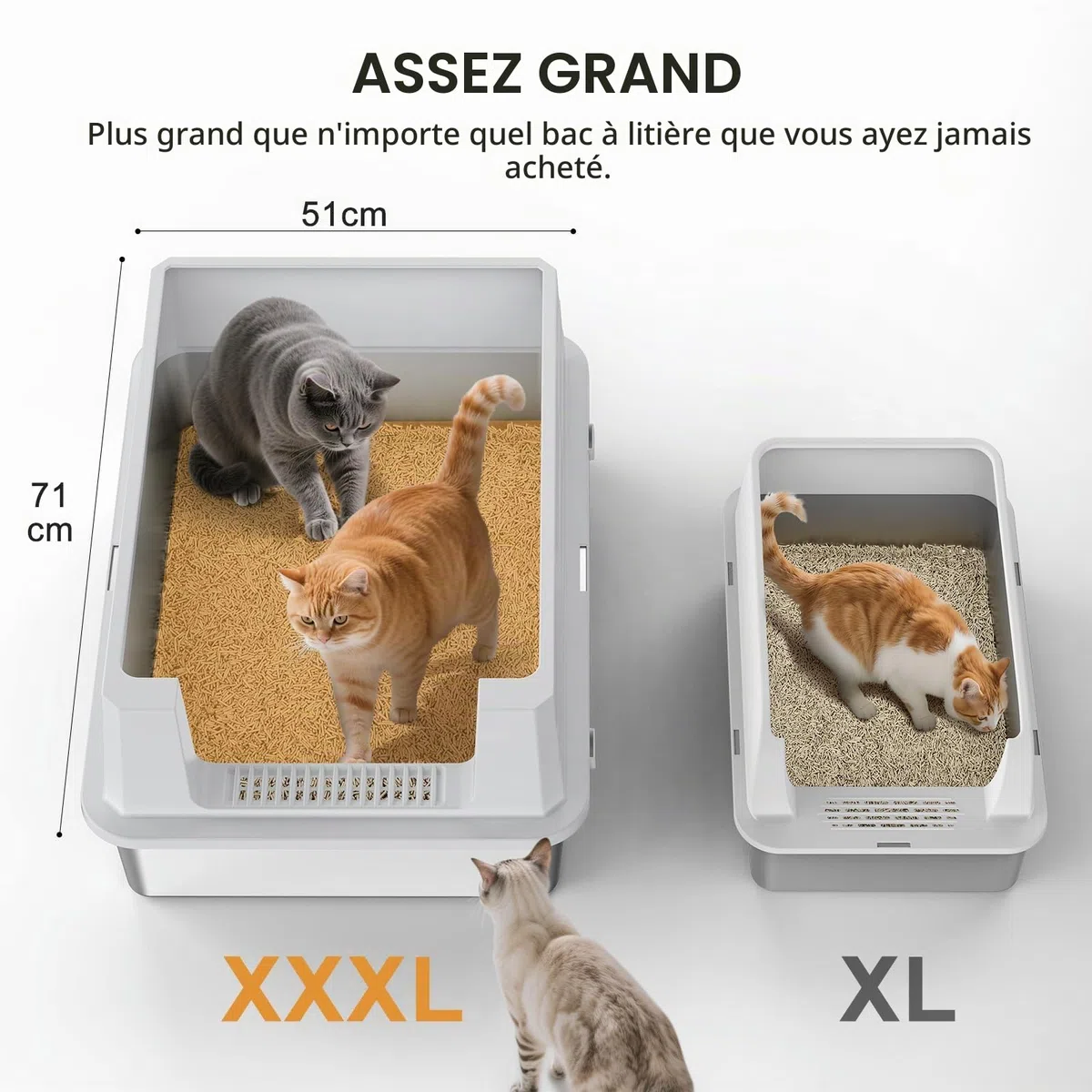 MIXJOY Bac à litière pour chat XXXL en acier inoxydable - Extra large - 71 x 51 x 30 cm - Convient pour les grandes races de chats et les foyers à cathédrales multiples - Modèle grand format à bords