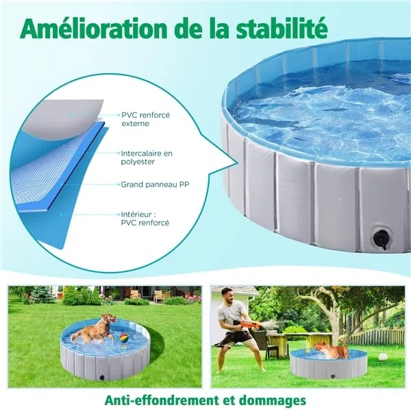 Yaheetech Piscine Chien Pliable 100 x 30cm Piscine Baignoire Chiens Bassin de Baignade Portable Bain pour Chien/Chat Extérieur Intérieur Antidérapant avec Patchs de réparation et Brosse Gris