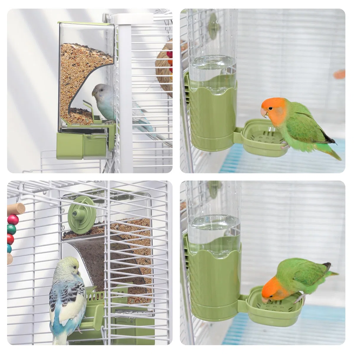 Mangeoire Automatique et Distributeur d'eau pour Oiseaux, Mangeoire à Cage à Oiseaux avec Perruche Canari Calopsitta Pinmon (Vert)