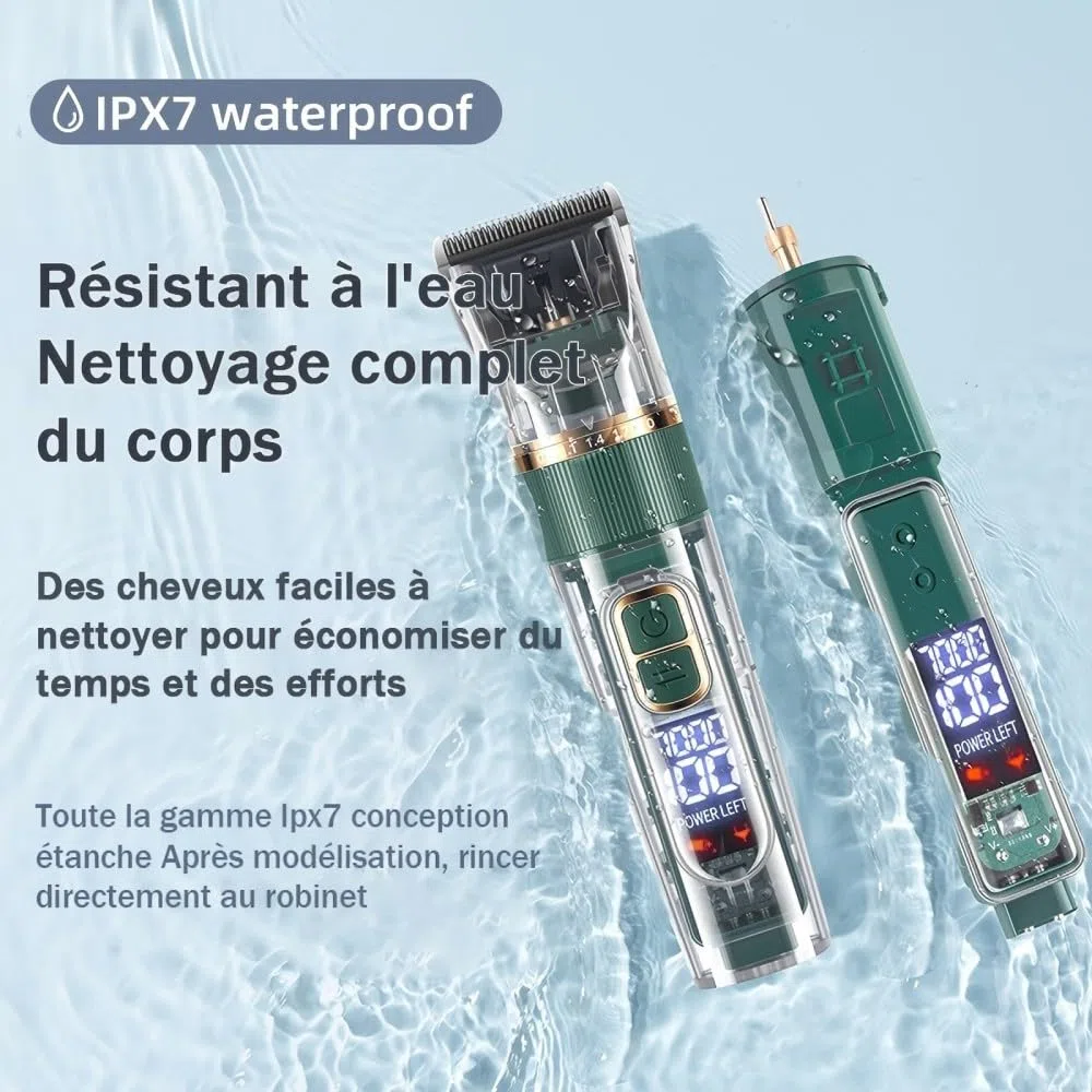 Tondeuse Professionnelle pour Chien et Chat, avec Écran LED, 4 Peignes de Limite, 3 Vitesses, Étanche IPX7 - pour Poils Longs et Noeud (Vert)