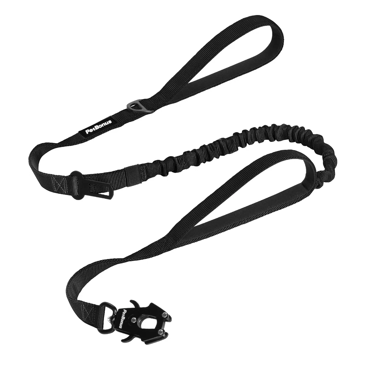 PetBonus Laisse Tactique 1,5m, Bungee Laisse de Chien avec 2 Poignées Rembourrées, Ceinture Sécurité Voiture, Anti Tirage Chiens Moyennes et Grandes Tailles (Noir)