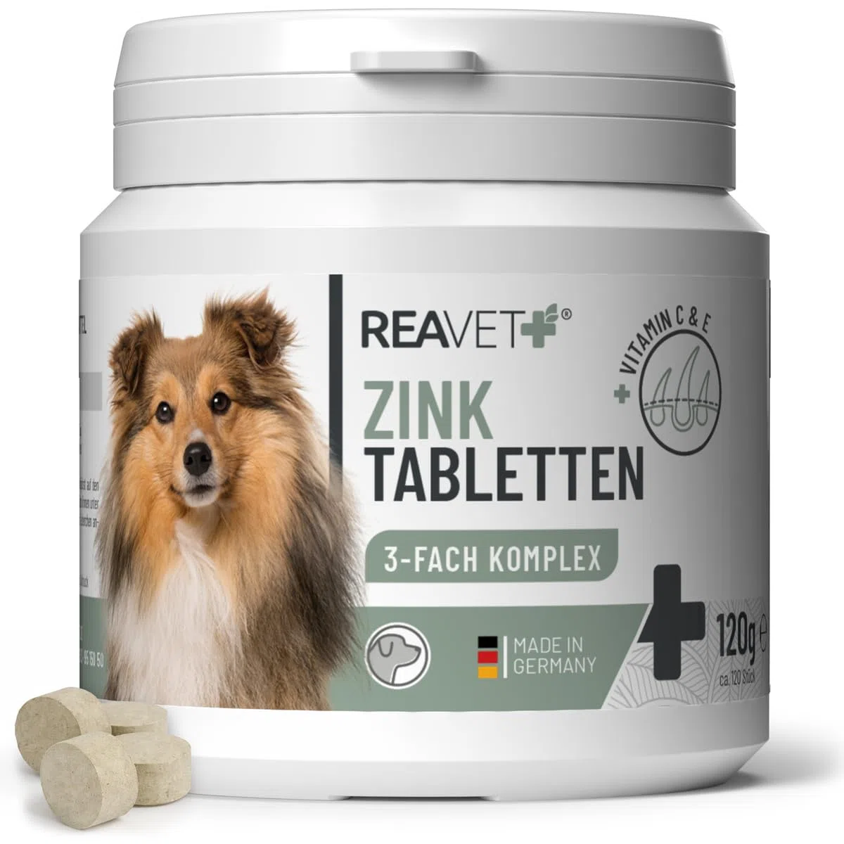 Comprimés de Zinc ReaVET pour Chiens 120 pièces - Haute Dose de vitamines C et E - comprimés de Zinc Plus vitamines pour Peau sèche, Perte de Poils