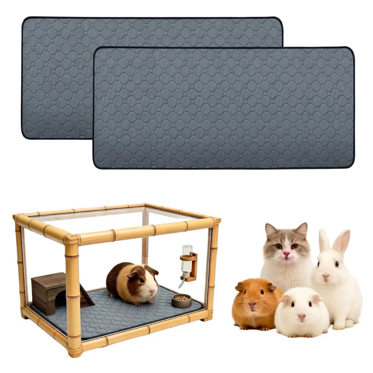 Lot de 2 Tapis Pipi Cochon d'Inde Gris 60x120cm – Tapis Cage Absorbant Lavable et Imperméable pour Lapin et Petits Animaux