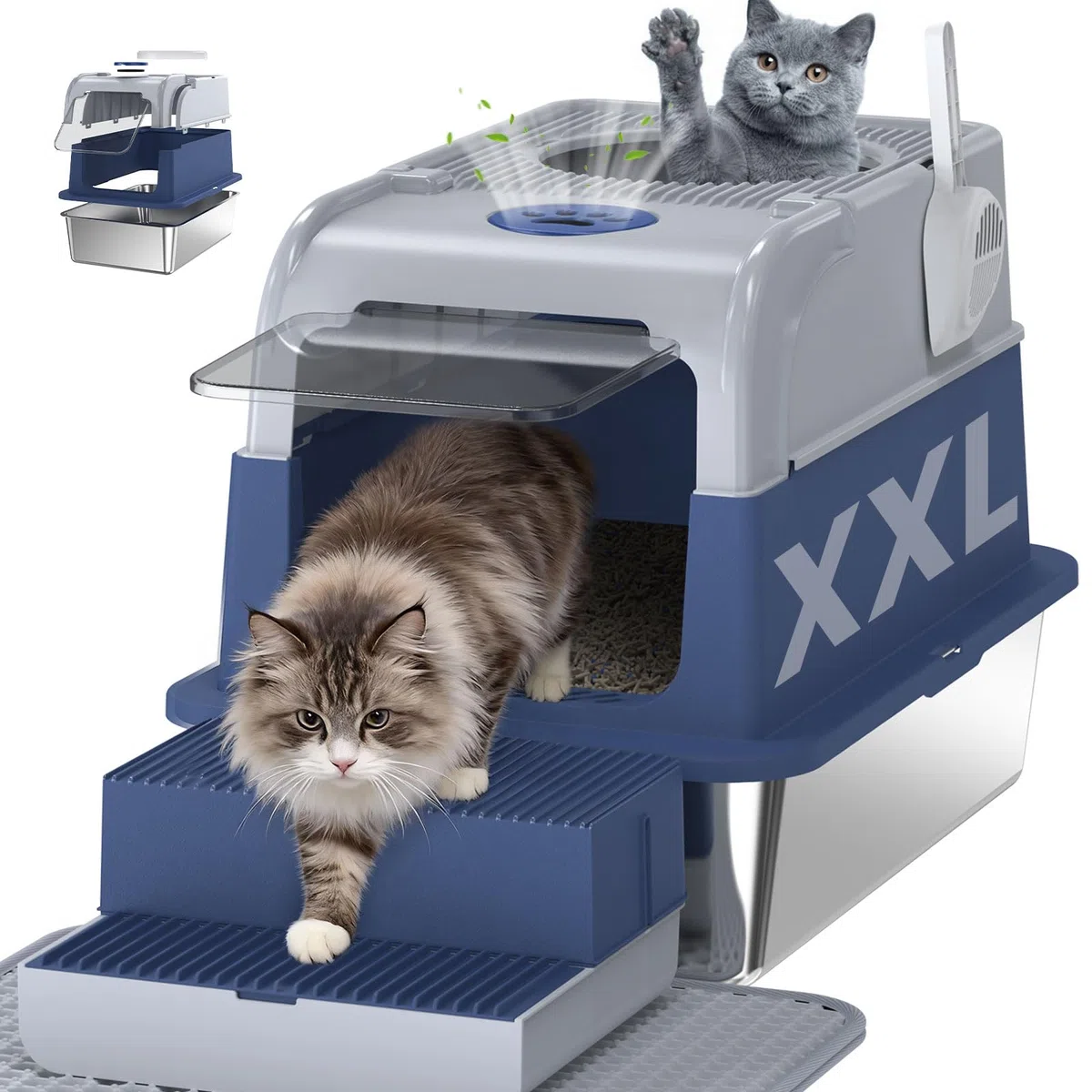 XXL Bac Litière pour Chat en Acier Inoxydable avec Couvercle, Litière Fermée Cityflee, Bac à Litière Couvert avec Entrée par Le Dessus et l'avant, Inclut Tapis et Pelle à Litière, Contrôle des Odeurs