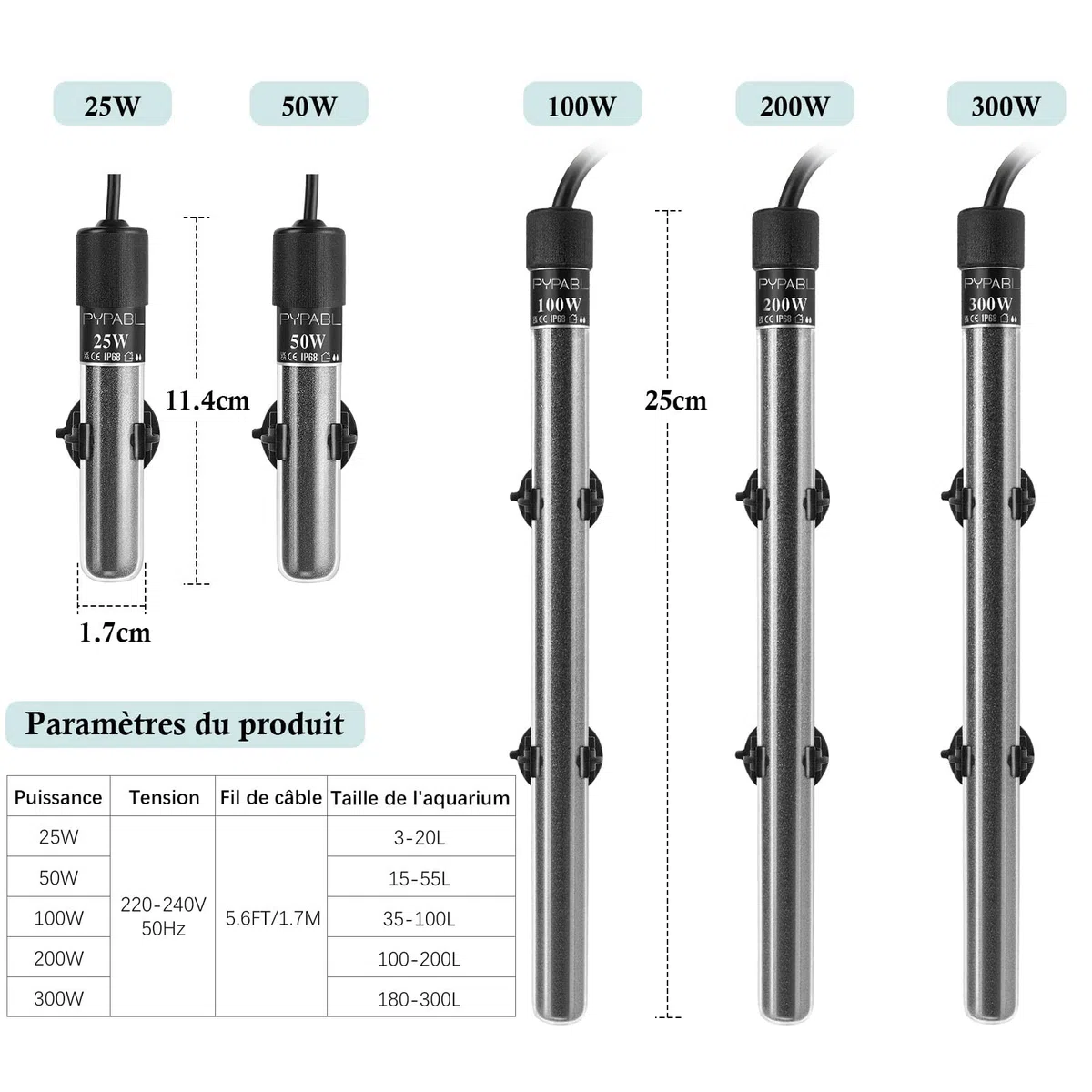 Chauffage Submersible pour Aquarium, 25W 50W 100W 300W Mini Chauffage d'Aquarium avec Régulateur de Température Externe, pour Chauffage d'Aquarium de Poissons et de Tortues 3-300L
