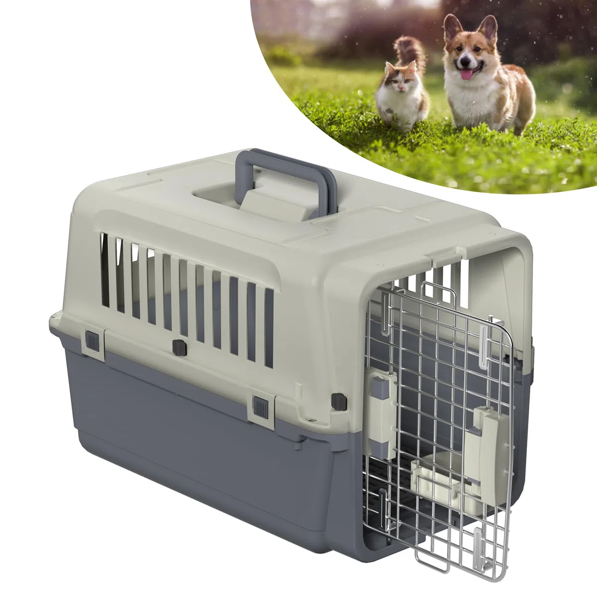 Boîte de transport en plastique pour chien et chat - 60 x 39,5 x 44 cm - Avec récipient de nourriture et séparateur d'urine - Boîte de transport pour animaux - Gris foncé