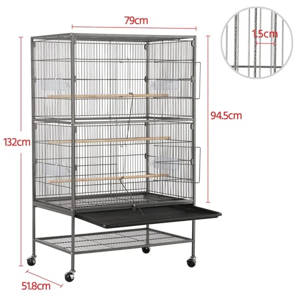 Abician Voliere Oiseaux Interieur sur Pied Grand Cage Oiseaux sur roulettes en Métal Cage à Oiseaux pour Perroquet Perruches 79 x 52 x 132 cm