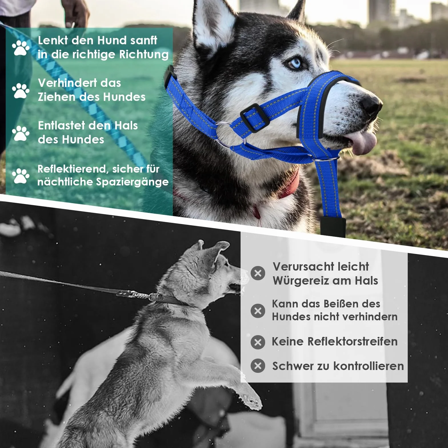 Halti pour chien grand, Harnais pour chien avec tissu rembourré, Harnais de tête Halti réglable anti-traction, Collier anti-traction doux pour chien grand (Bleu, L (Museau : 11,6-14,8 pouces))