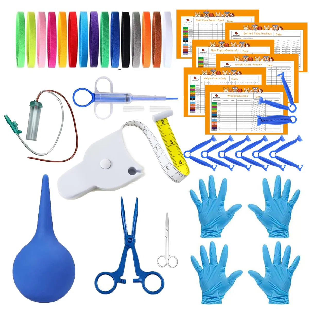 Fournitures de mise bas pour chiots et chatons, kit de mise bas pour chiots à la naissance comprenant 15 colliers d'identification, tableaux de suivi des enregistrements et plus