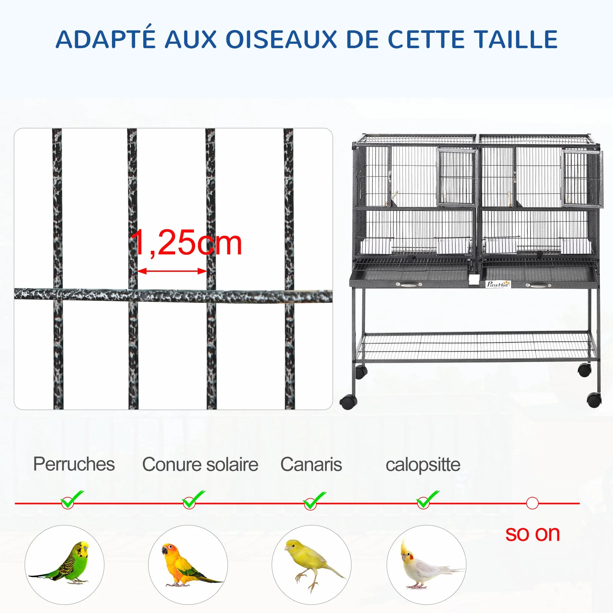 PawHut Cage à Oiseaux avec séparation mangeoire et perchoir 95L x 45,5l x 102H cm Noir et Gris