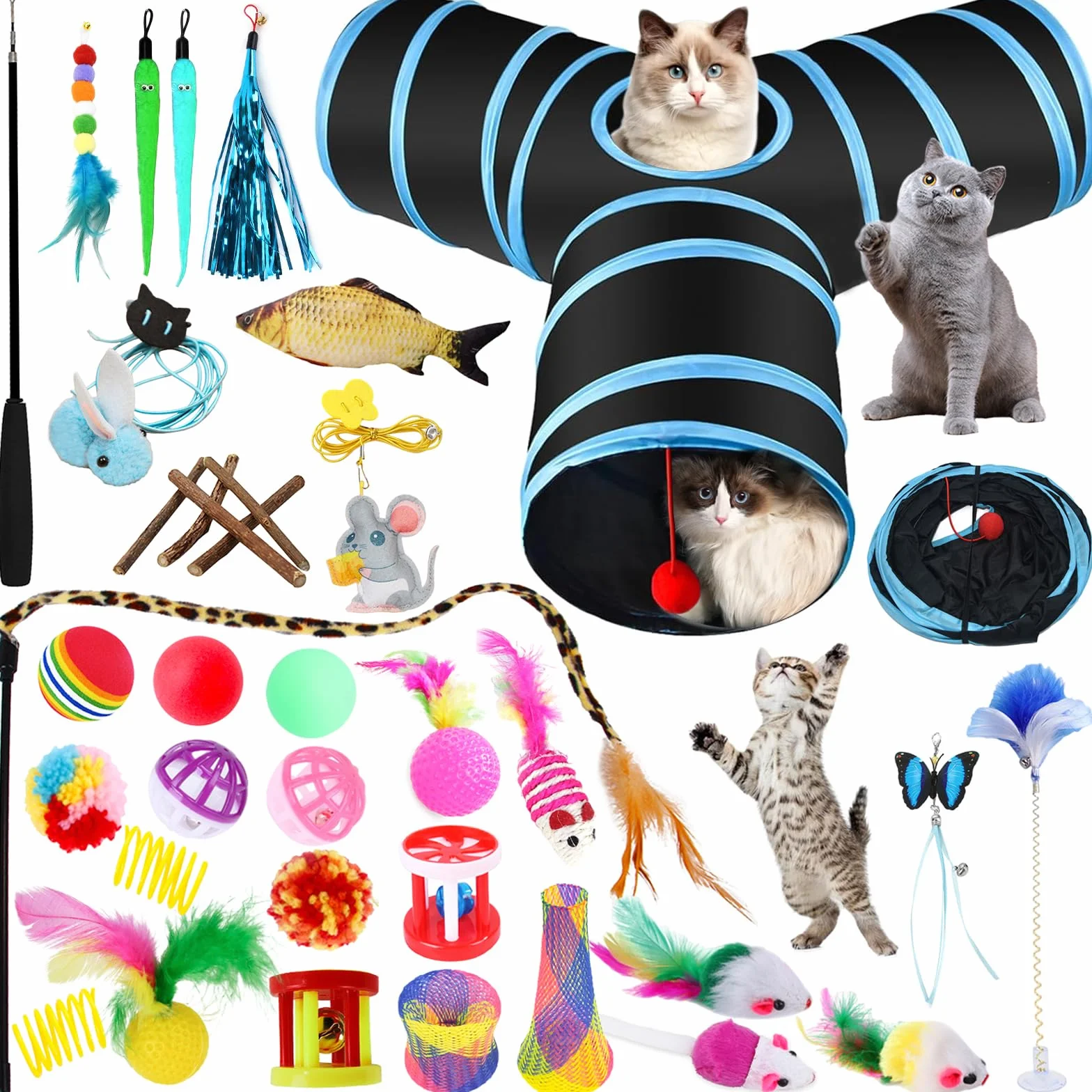 Jouets Chat,38 pièces Kit Jouet Chats,Jouet pour Chat Animaux Domestiques Toys pour Chat Chaton Minou,Jouets pour Chats Interactif Jeux Chaton avec Tunnel,Souris,Poisson,Plume,Balle