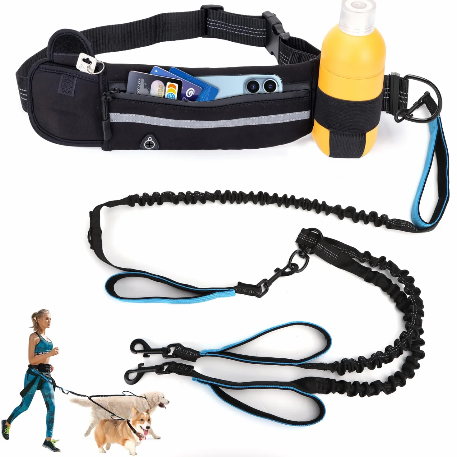 Nobleza Laisse Double Mains Libres pour 2 Chiens, Ceinture Réglable de Laisse de Formation pour la Promenade de Chien, Longe Ceinture Anti-Traction avec Coutures Réfléchissantes