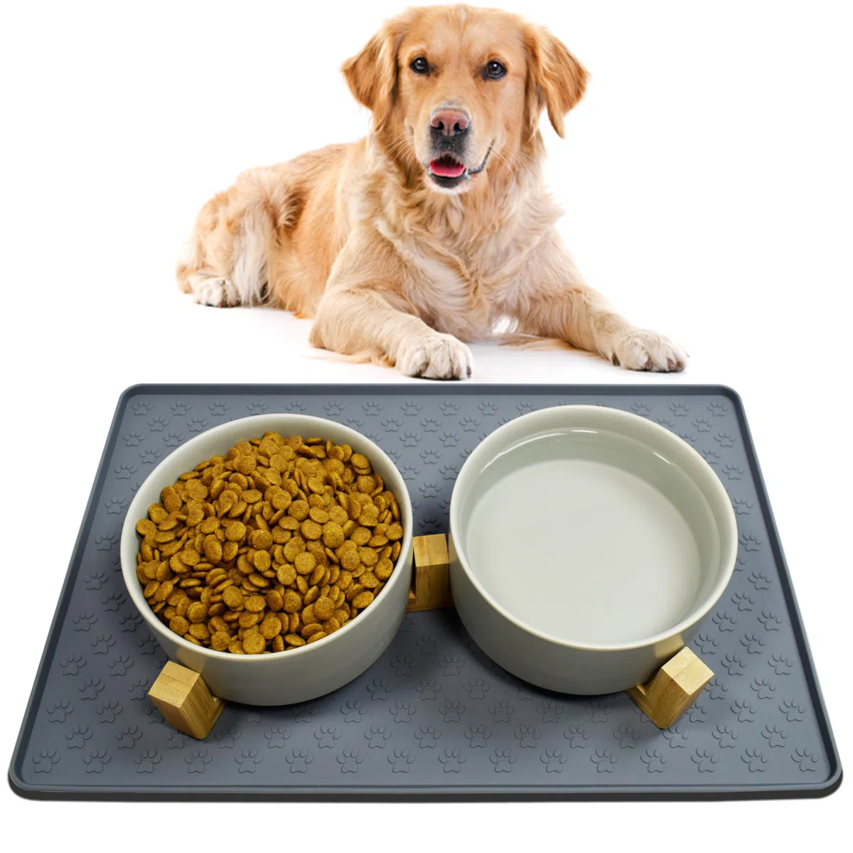 Gamelle Chien Ceramique avec Support en Bambou et Tapis Antidérapant pour Chiens de Taille Moyenne(850ml, 2Gris)