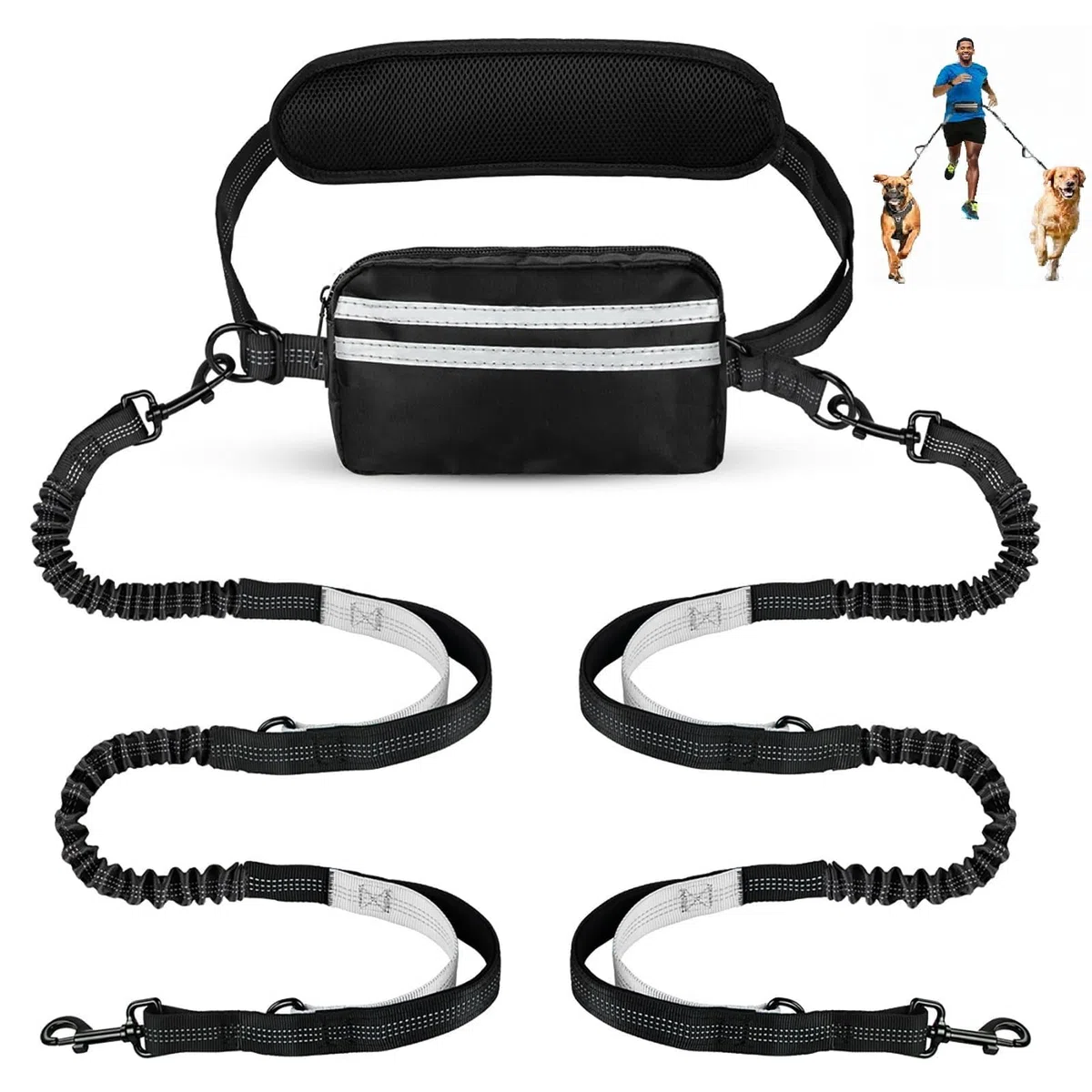 Laisse Mains Libres pour Chien avec Pochette, Double pour Deux Chiens, Laisse rétractable avec Double poignées rembourrées, montée à la Taille pour la Course, la Marche, Le Jogging (Noir/Gris)