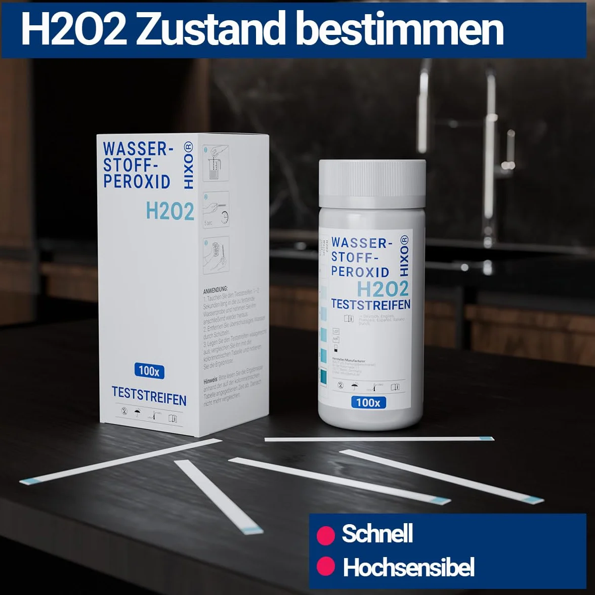 H2O2 Lot de 100 bandelettes de test au peroxyde d'hydrogène pour 0 à 100 ppm – Mesure de la concentration – Utilisation rapide et facile – Avec échelle de couleurs