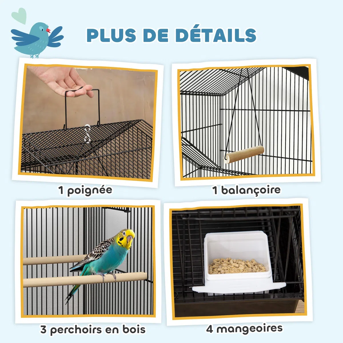 PawHut Cage à Oiseaux sur Pied, volière sur roulettes avec balançoire, poignée Portable, 4 mangeoires, Support, Design Maison, Cage pour pinsons, canaris et perruches 50,5 x 41 x 163 cm en Acier Noir