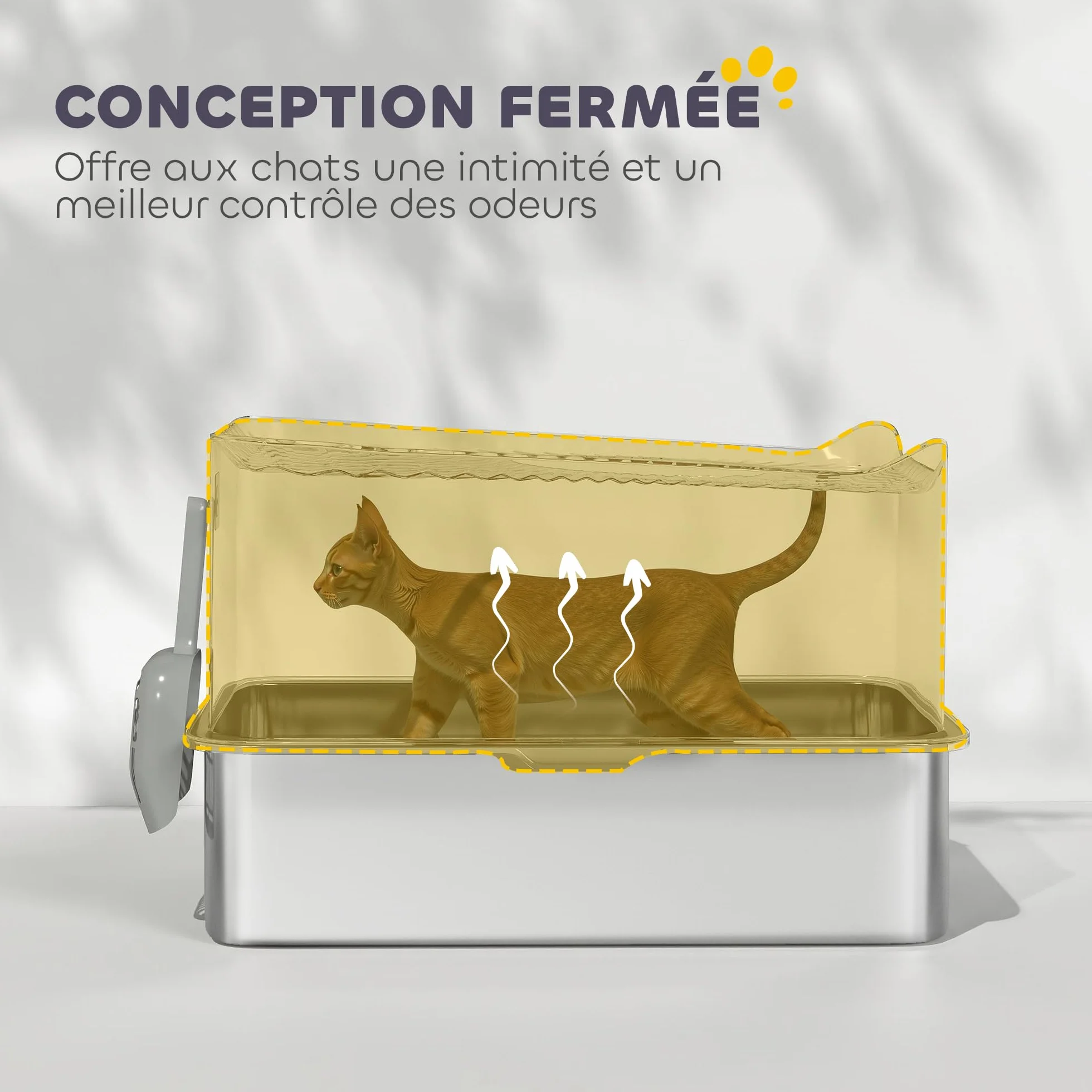 PawHut Bac à litière pour Chat XXL en Acier Inoxydable, 65L Grande capacité, Maison de Toilette pour Chat, avec Pelle et Patins antidérapants, Facile à Nettoyer, 60 x 40 x 38 cm, Noir