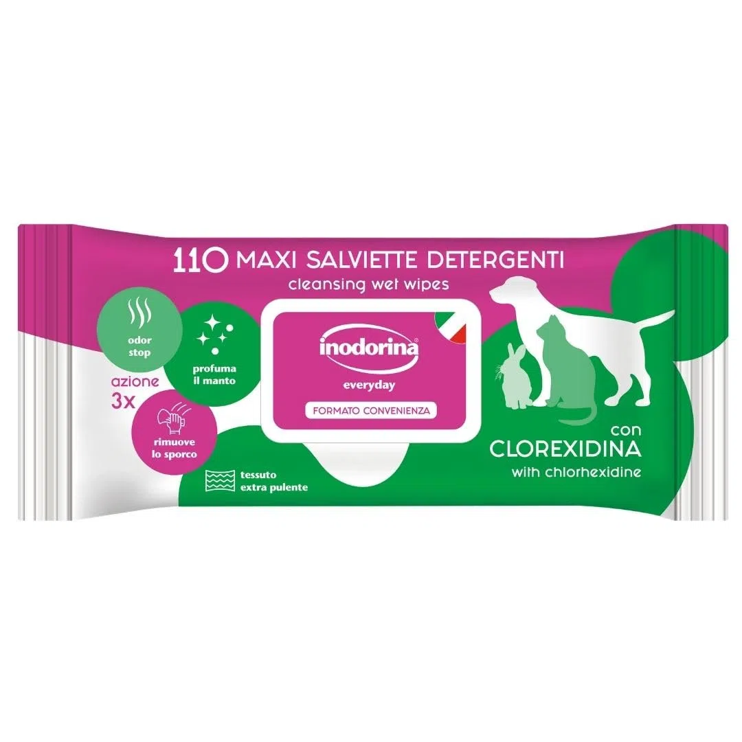 Inodorina Lingettes Quotidiennes pour Chiens et Chats (110 pcs, Chlorhexidine) - Lingettes pour Animaux de Compagnie en Tissu résistant avec Odour Stop - Action adoucissante et protectrice