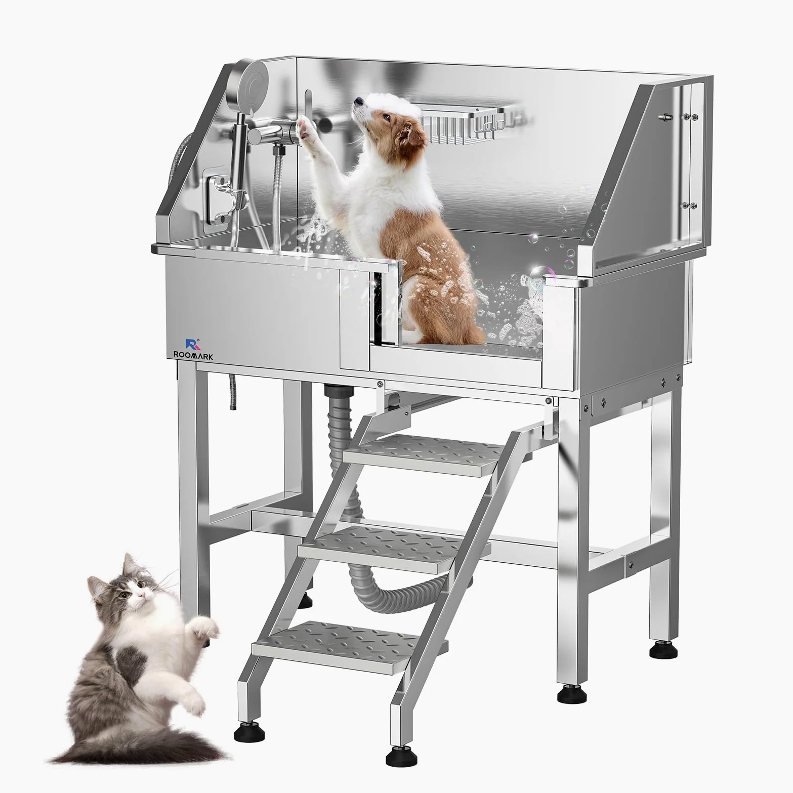 86cm Baignoire pour Animaux, Benoire Professionnelle en Acier Inoxydable, Baignoire avec Drain & Pomme de Douche, Charge Maximale 50 kg, pour Petits Chiens Chats (Porte Gauche)