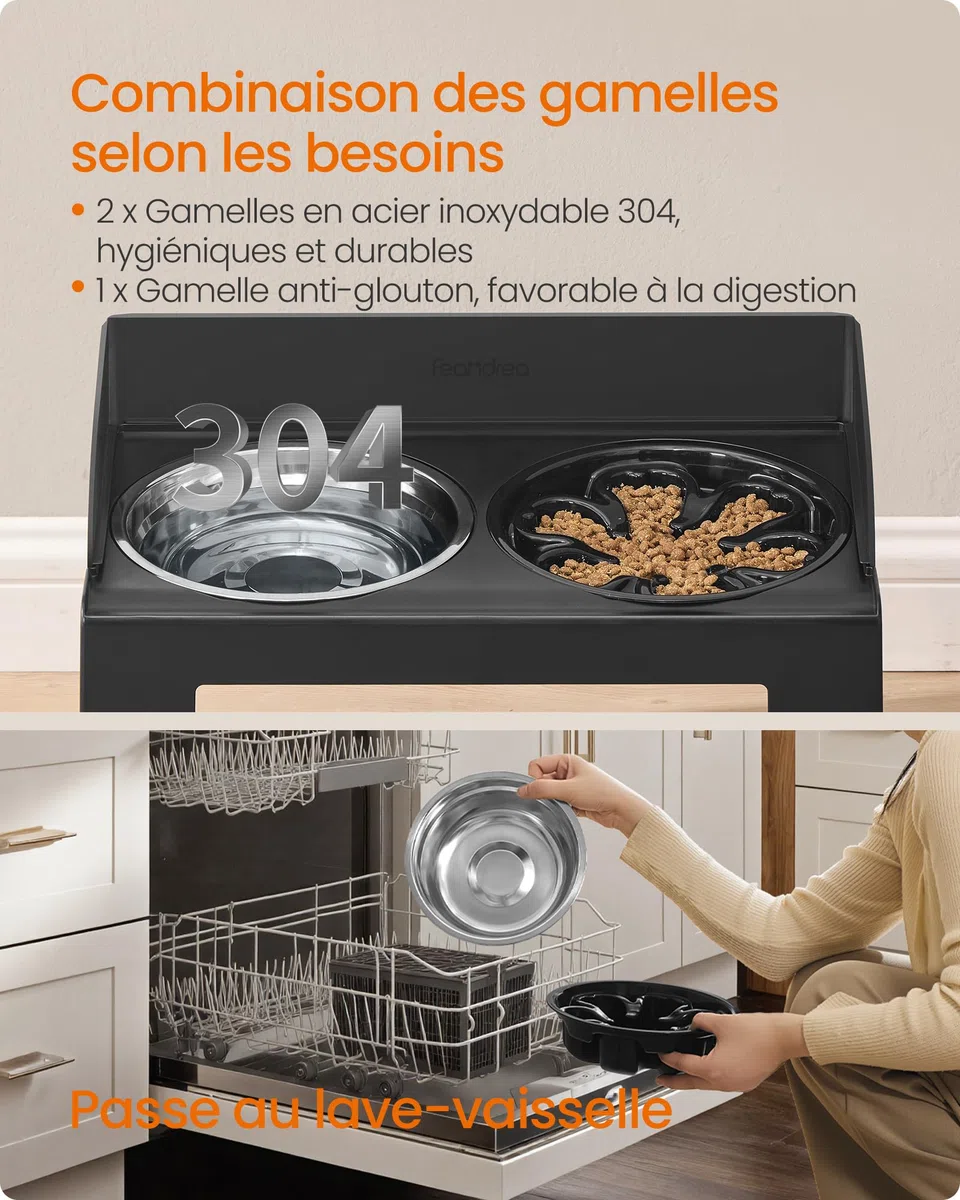 Feandrea Gamelle pour Chien Surélevée, avec Support, Ajustable en Hauteur et Inclinable, Support Gamelle, 2 Bols en Acier Inoxydable 304, 1 Bol Anti-Glouton, Noir d'encre PRB103B01