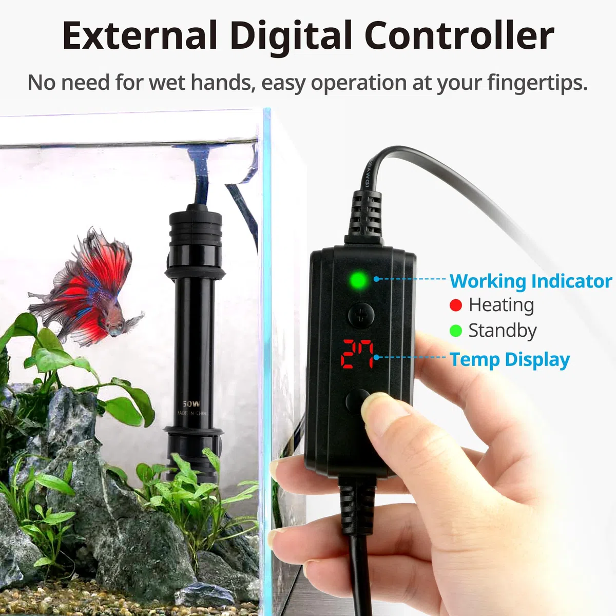 NICREW Chauffage d'Aquarium 50 W, Température Réglable de 15 à 35 ℃, pour Aquarium jusqu'à 40 L, Protection Contre la Surchauffe