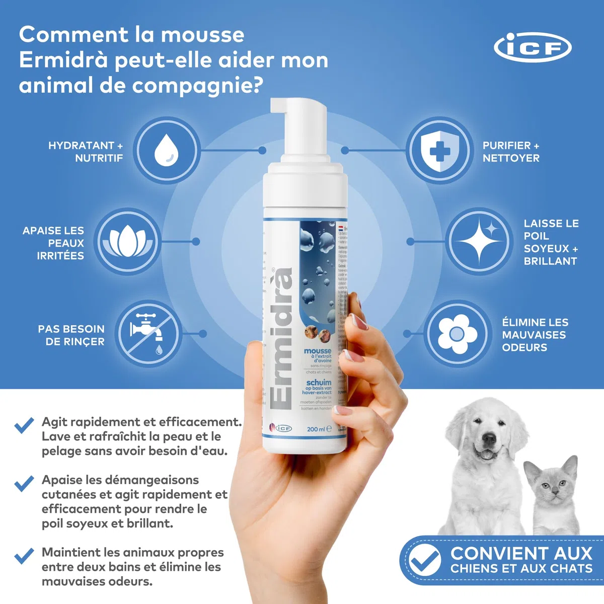 ICF Ermidrà Foam pour Chien et Chat | Soin Réhydratant sans Rinçage | 200 ML | Foam Apaisante Hydratante