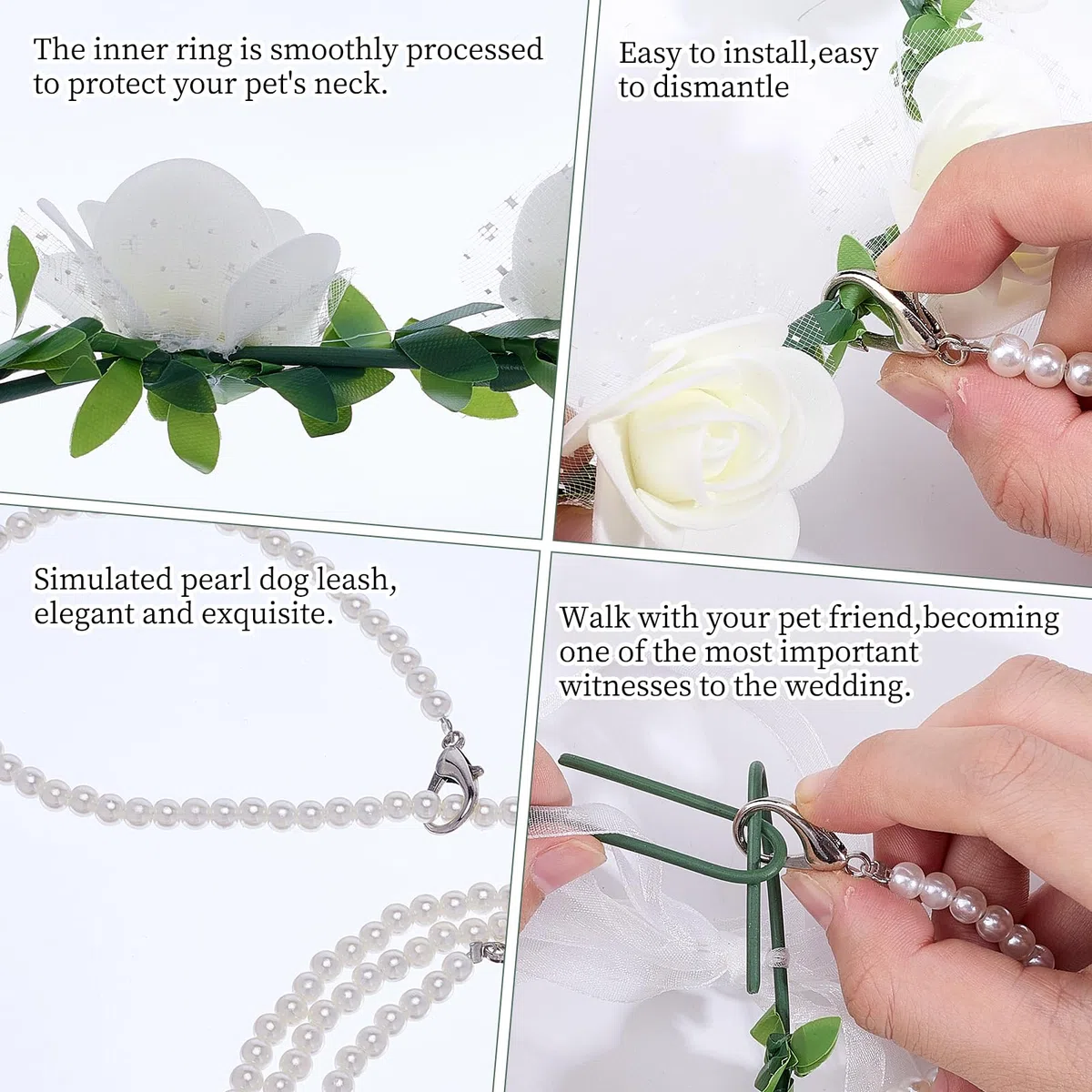 NICENEEDED Lot de 3 colliers pour mariage, chien, ensemble de fleurs, perles de laisse pour chiens avec perles porte-alliances, nœud papillon réglable pour le cou du chien